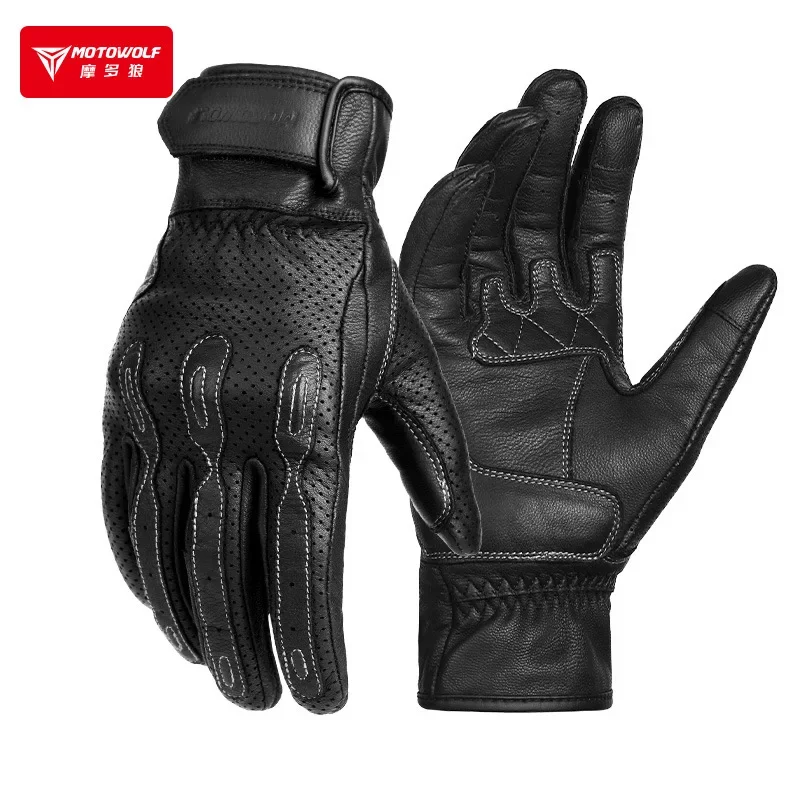 Guantes de moto de cuero perforado y táctiles para verano - imagen 5