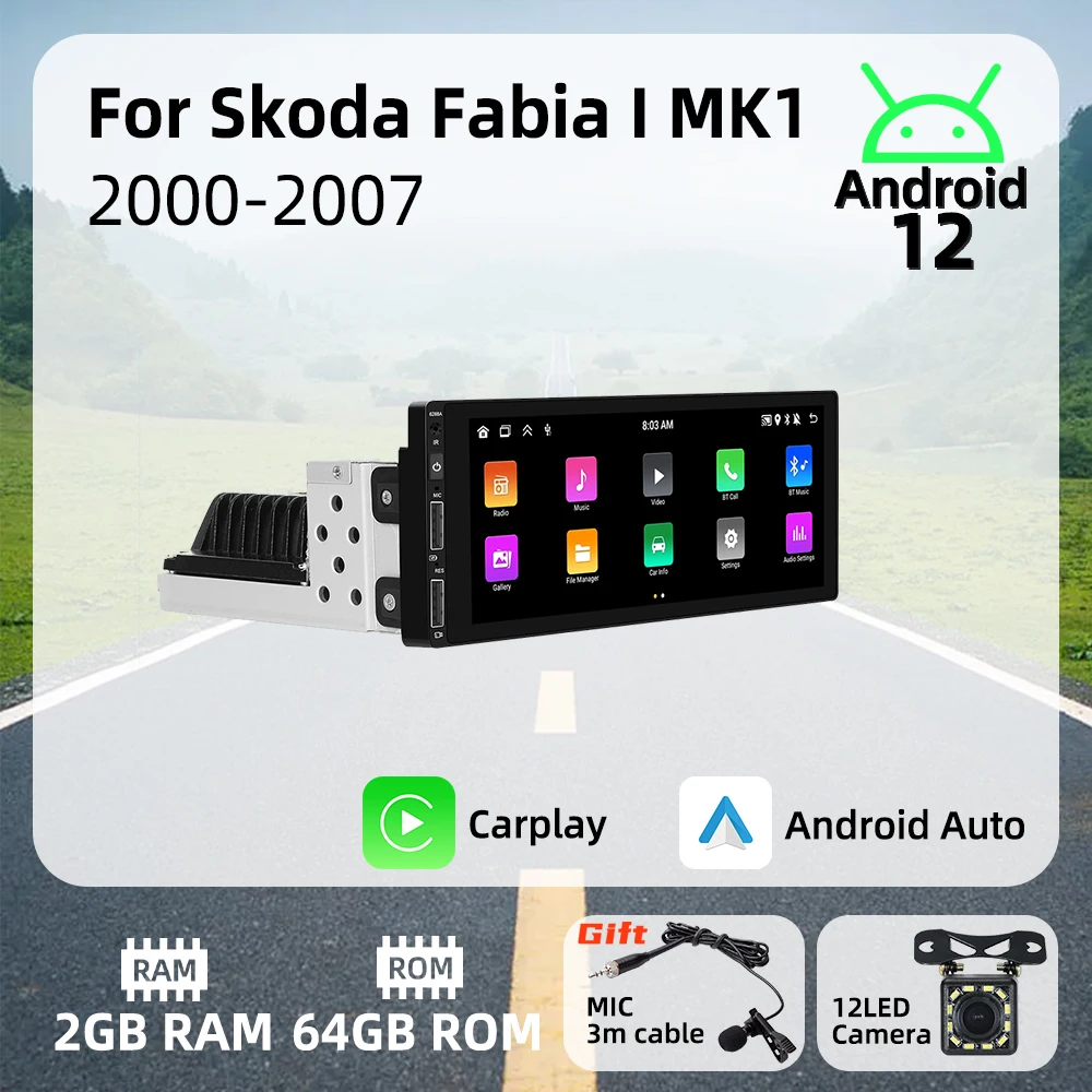 Radio Android 1 DIN con CarPlay para Skoda Fabia I 2000-2007