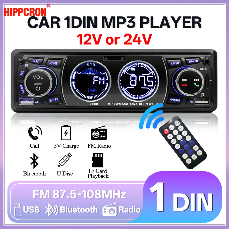 Hippcron 1din Radio de coche Bluetooth Audio estéreo 12/24V reproductor de MP3 5V carga Radio FM/AUX/USB/reproducción de tarjeta TF Universal
