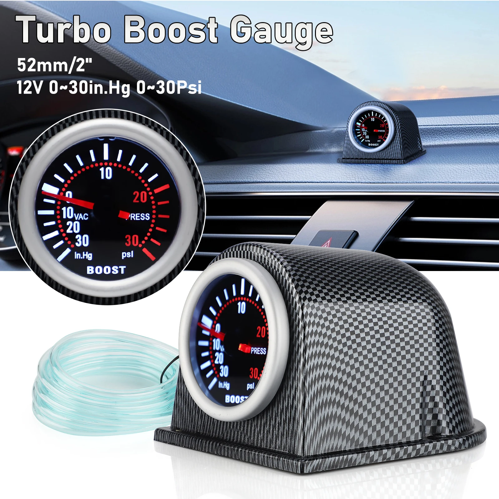Manómetro turbo 52 mm 0-30 PSI universal, esfera fibra de carbono - imagen 4