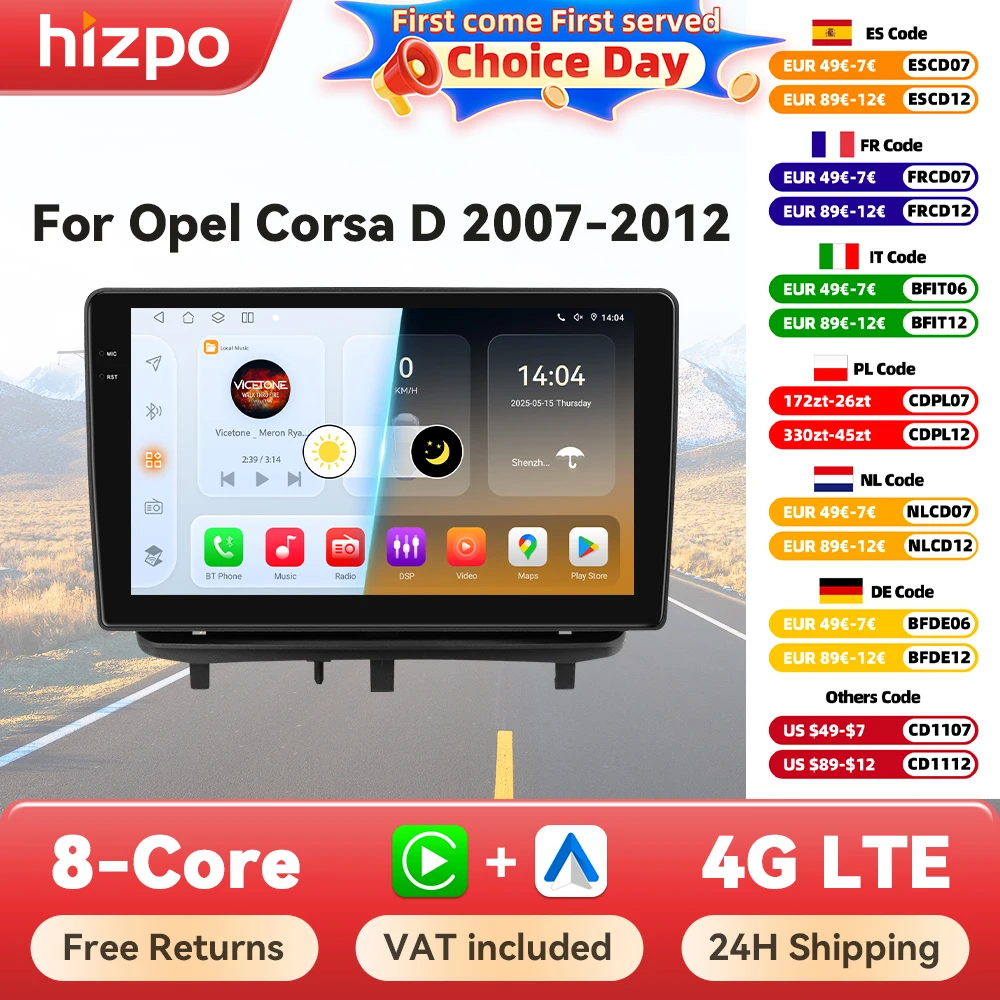 Autoradio estéreo Hizpo Octa Core para Opel Corsa D 2007-2012 2 Din Android 14 reproductor Multimedia GPS Navi 4G Wifi 8 + 128G 6115 DSP