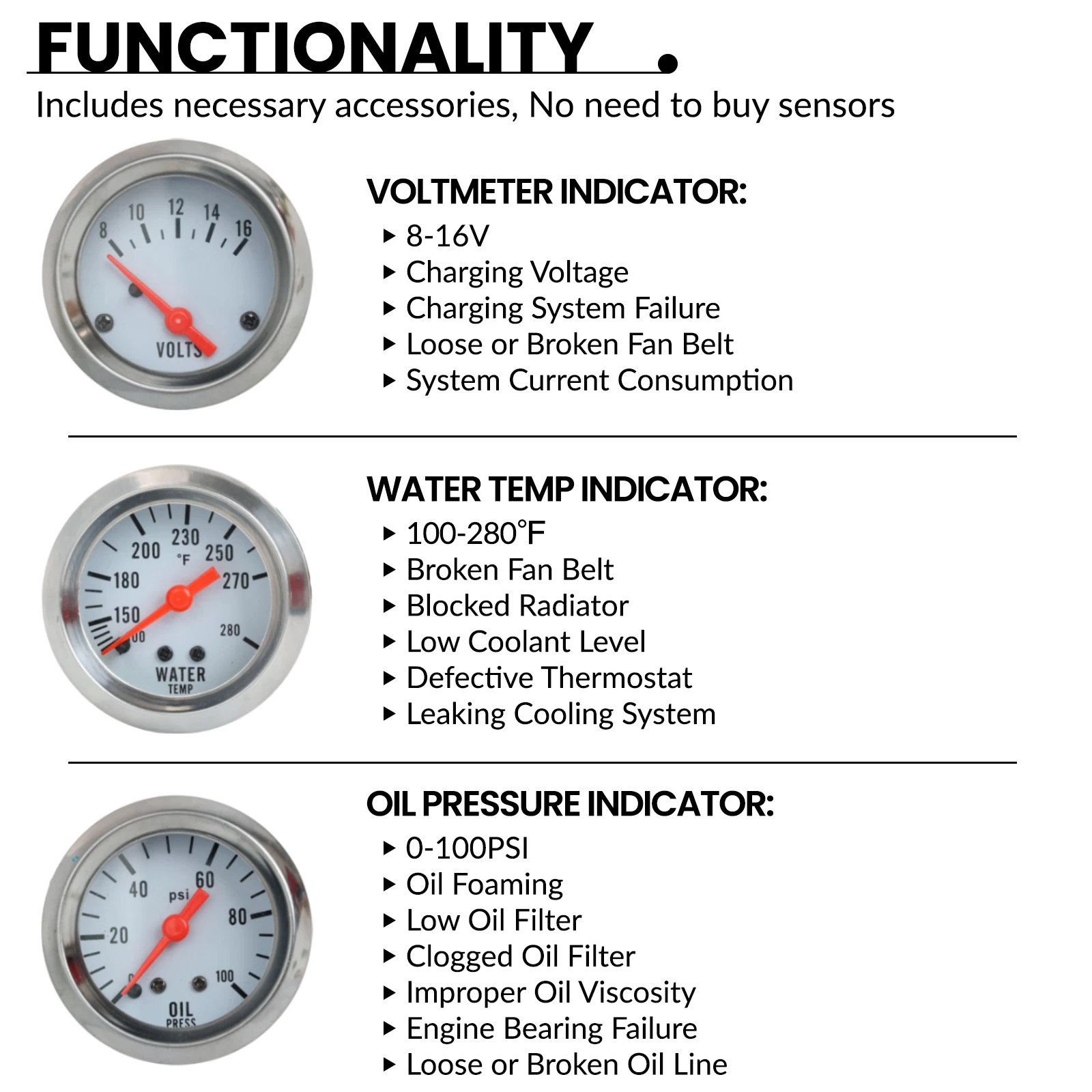 Kit triple reloj 52mm cromado: temperatura, presión aceite, voltímetro - imagen 2