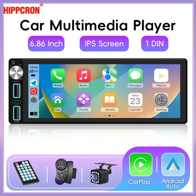 Autorradio 1 DIN Hippcron con CarPlay y Android Auto, pantalla IPS