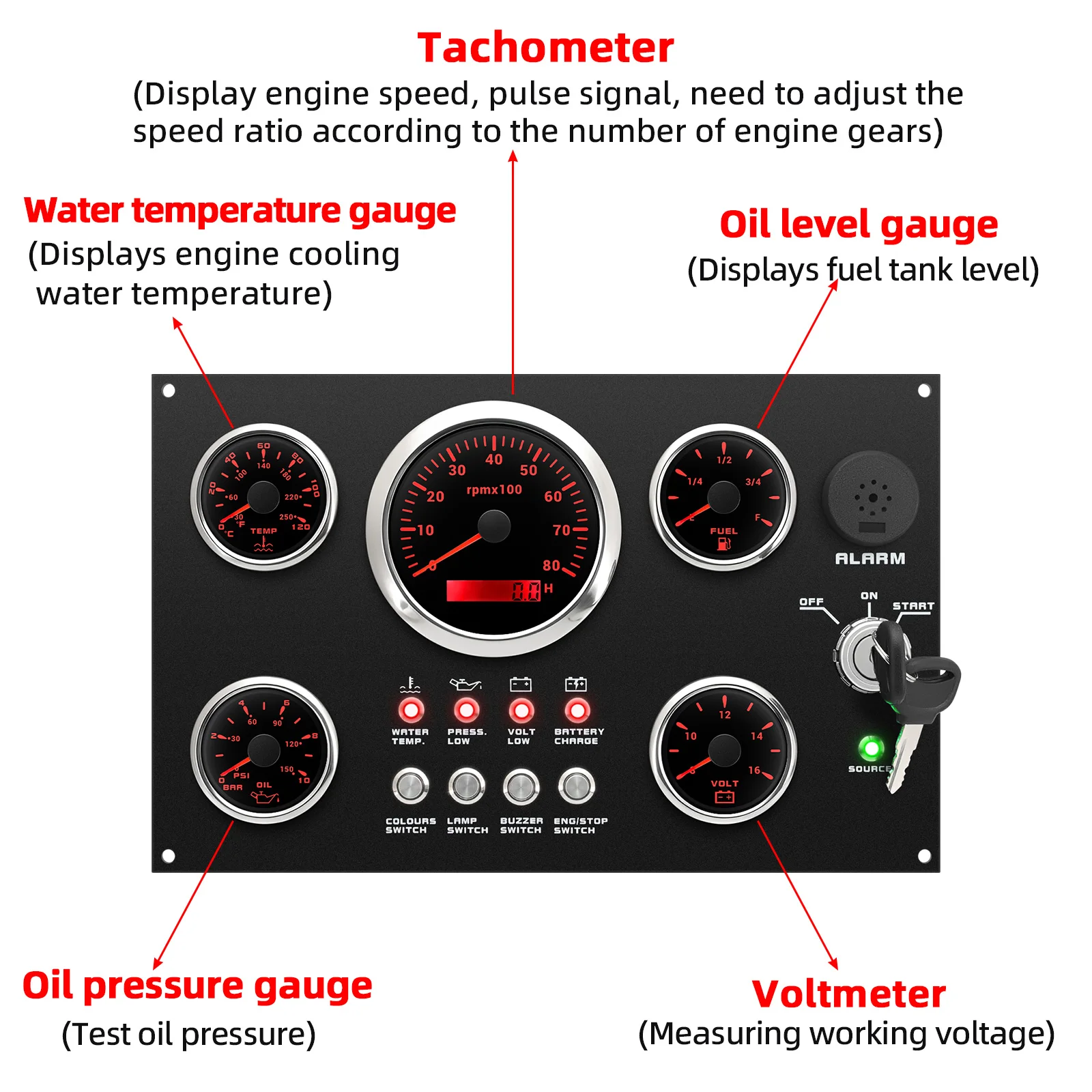 Panel de instrumentos náutico 5 en 1 con tacómetro y voltímetro - imagen 3