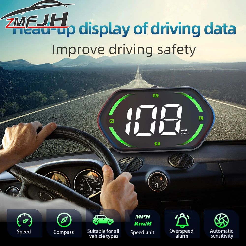 Velocímetro GPS HUD para coche con pantalla frontal y alarma