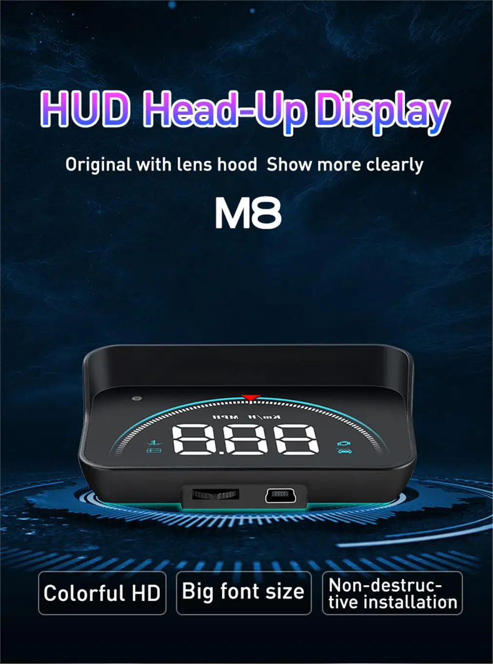 Pantalla frontal del M8 GPS Head-Up Display mostrando datos de conducción