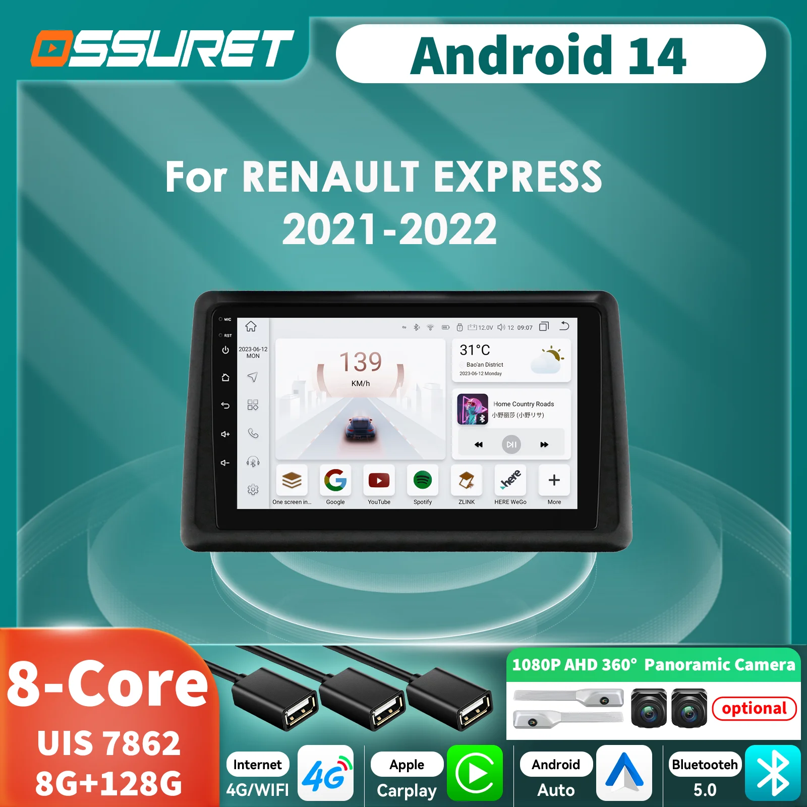 Radio Android con cámara 360° para Renault Express 2021-2022, CarPlay - imagen 3