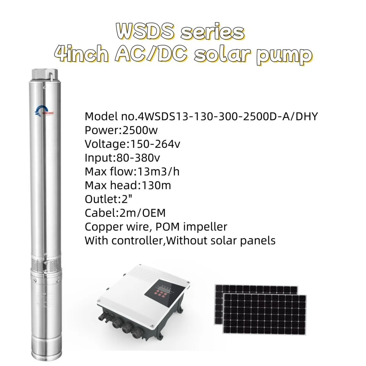 4WSDS13-130-300-2500D-A/D 2500W 4 pulgadas AC/DC TRANSFER SOLAR DE VERANO PROFONDA BOMBA DE AGUA SUBMERSIBLE para FARM/JARDEN/FOUNTAIN - imagen 2