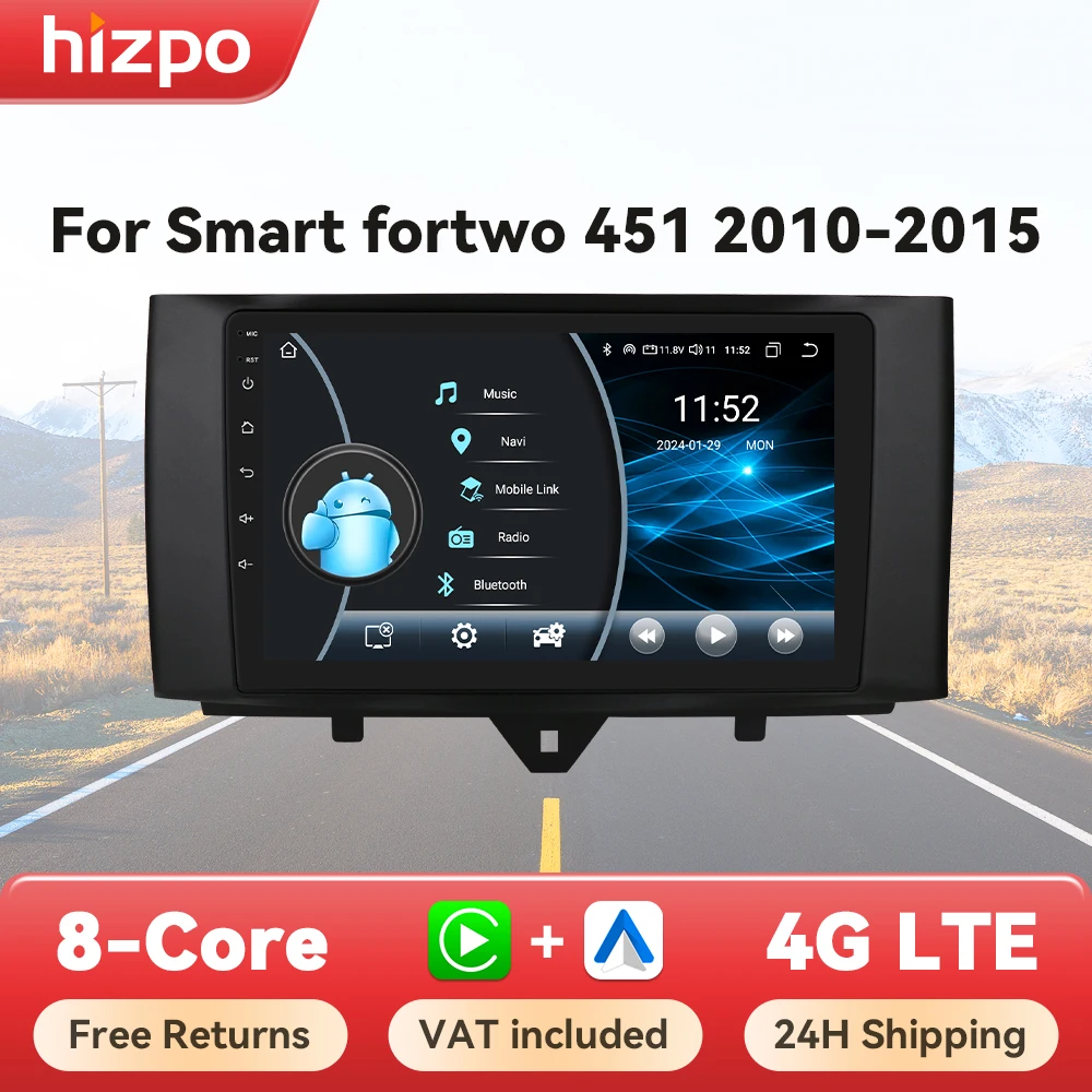Hizpo Autoradio 2DIN Android Auto CarPlay para Smart Fortwo 451