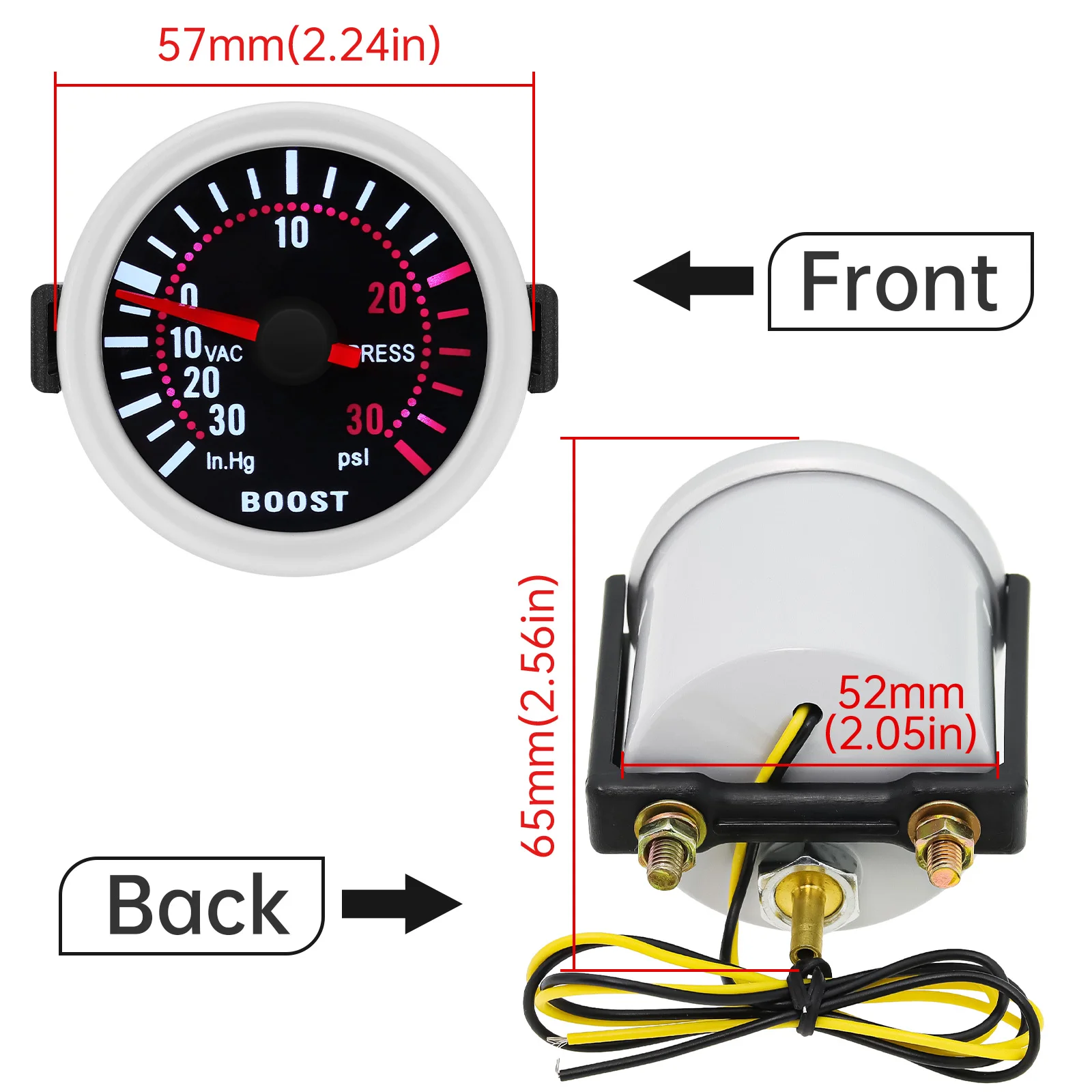 Manómetro presión turbo 52mm 2 bar lente ahumada LED blanco - imagen 3