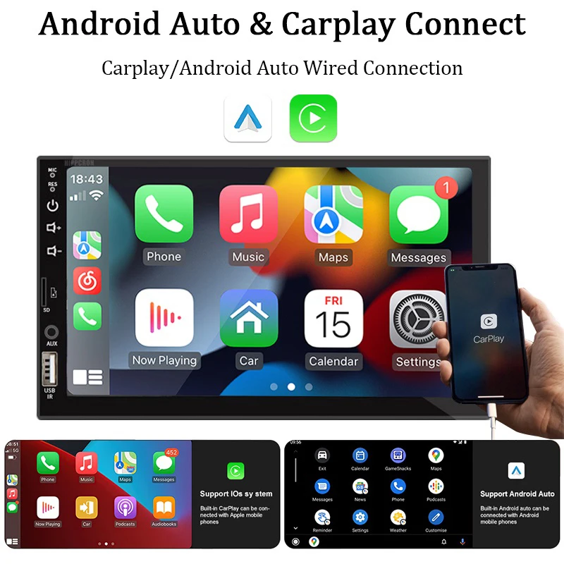 Hippcron 7 "Radio de coche 1 Din Carplay Android Auto reproductor Multimedia USB FM AUX entrada Bluetooth Mirror Link Autoradio Universal" - imagen 2