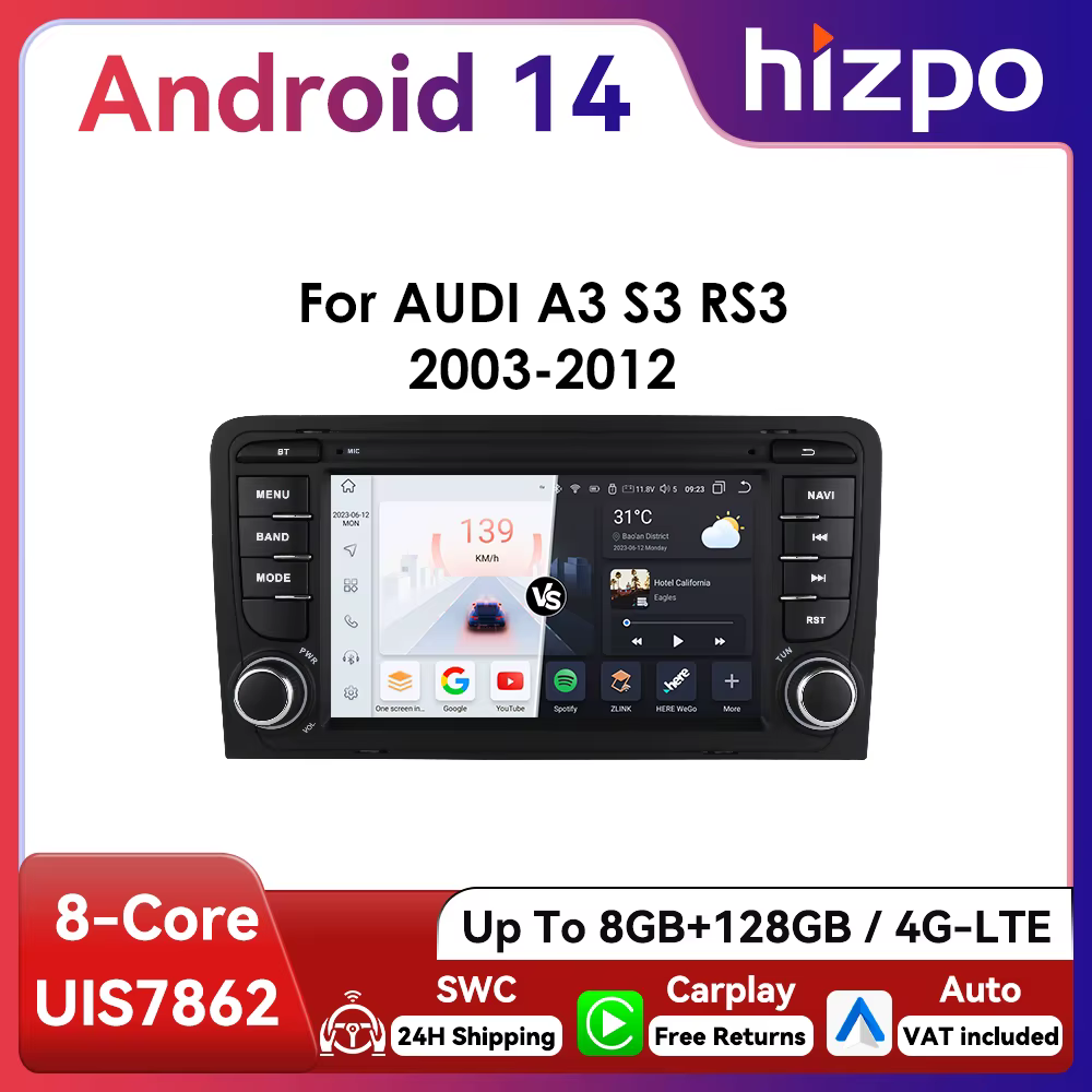 Radio Android 2DIN CarPlay GPS DSP Audi A3 8P S3 RS3 multimedia 4G BT