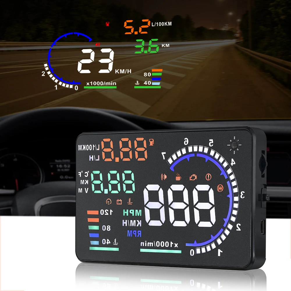 Pantalla frontal para coche HUD de 5,5 pulgadas, velocímetro Digital A8 HUD, proyector de velocidad del parabrisas con alarma de velocidad de temperatura del agua y RPM - imagen 2