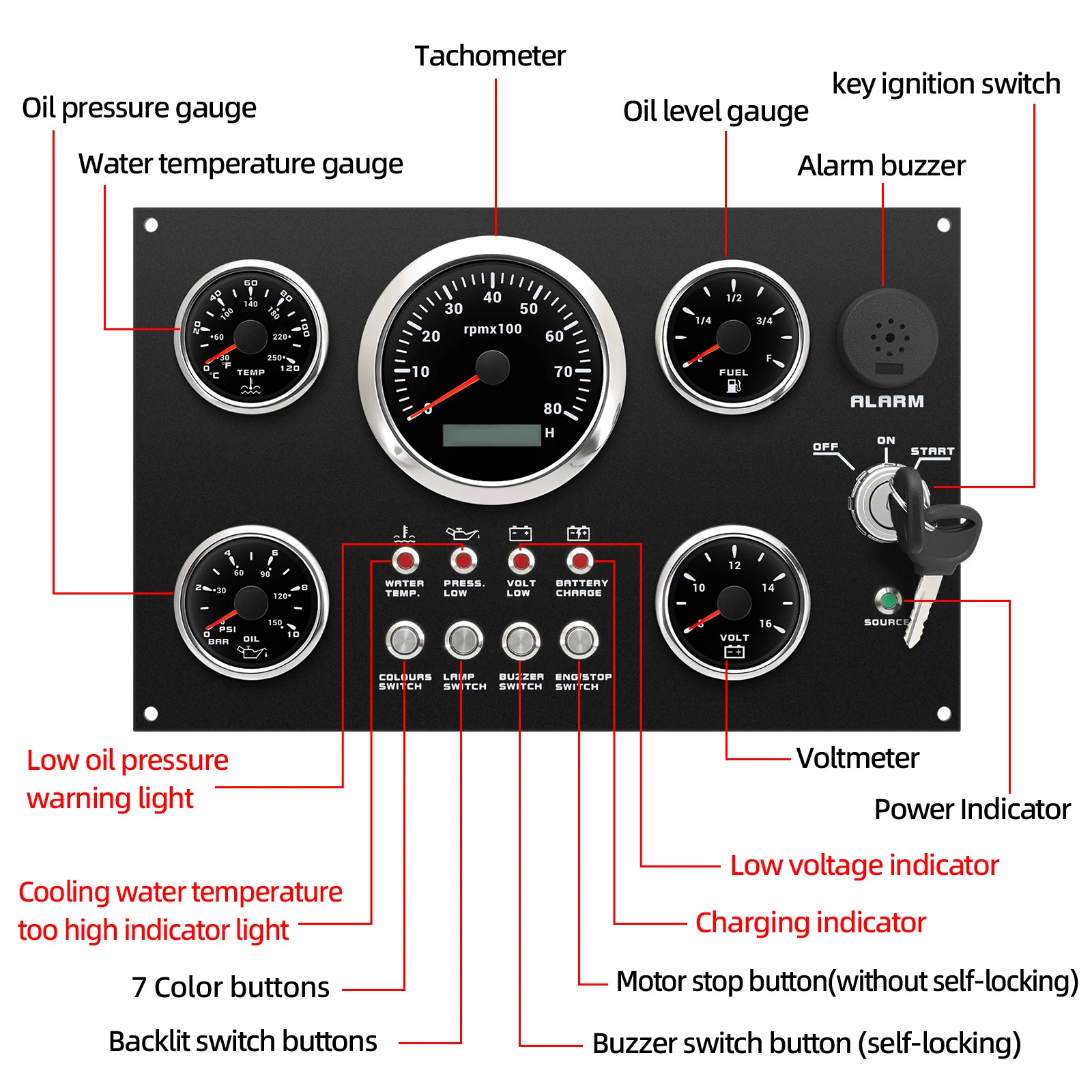 Panel de instrumentos náutico 5 en 1 con tacómetro y voltímetro - imagen 4