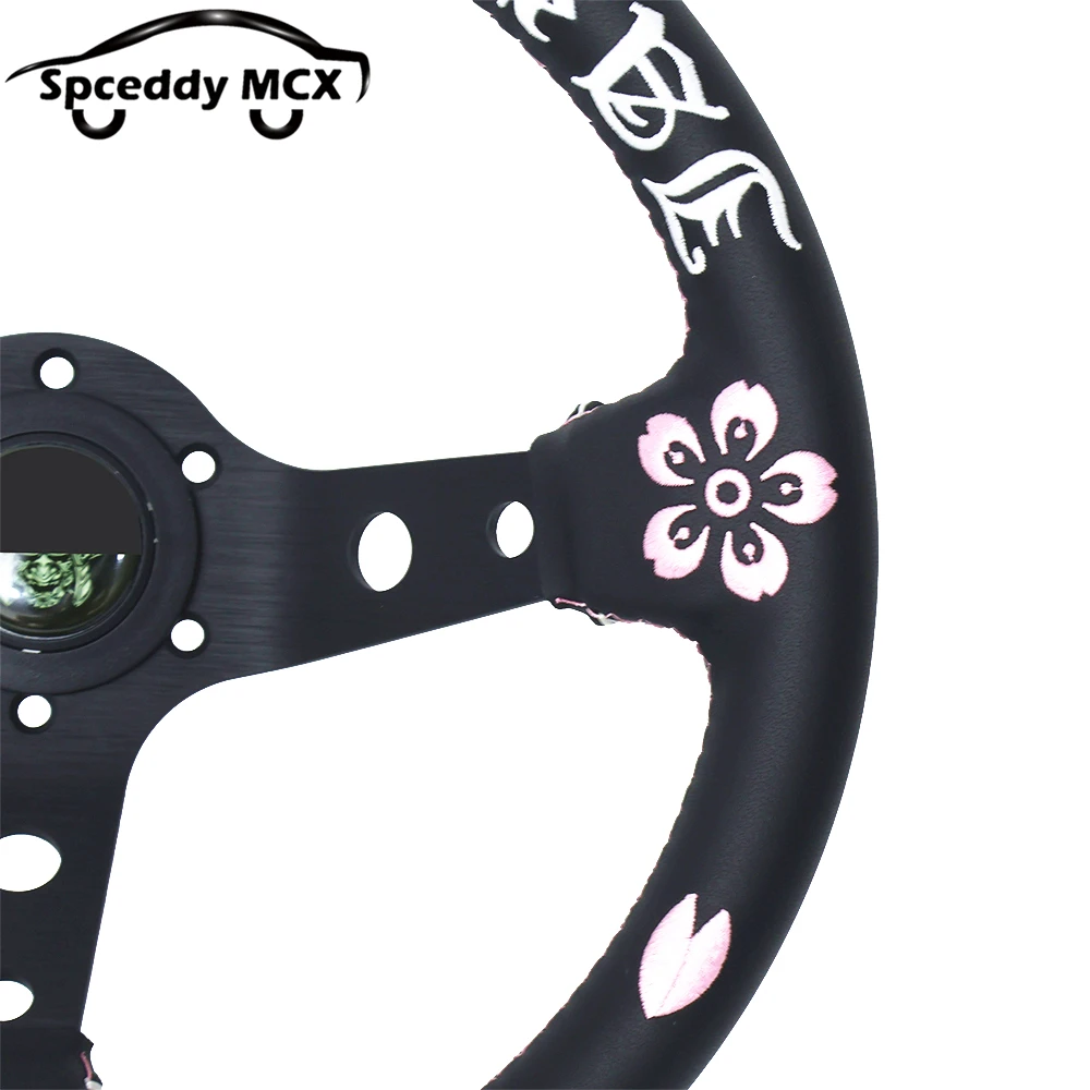 Volante JDM cuero real plato profundo bordado flor de cerezo - imagen 5