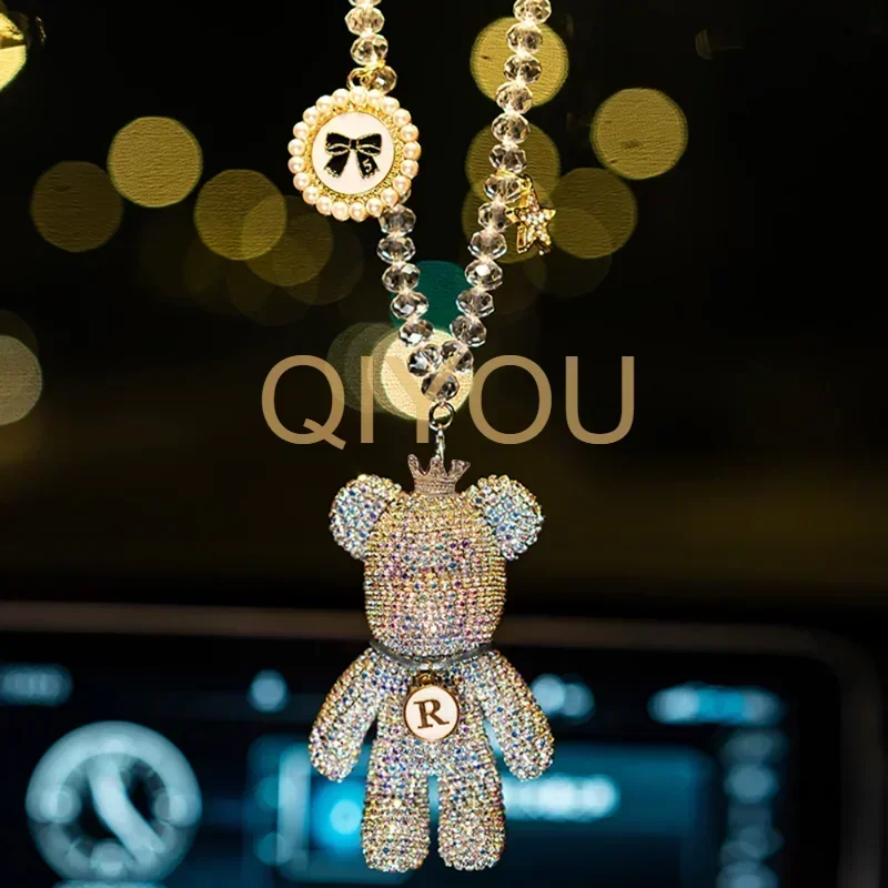 Colgante espejo para coche con motivo oso sombrío, diamante