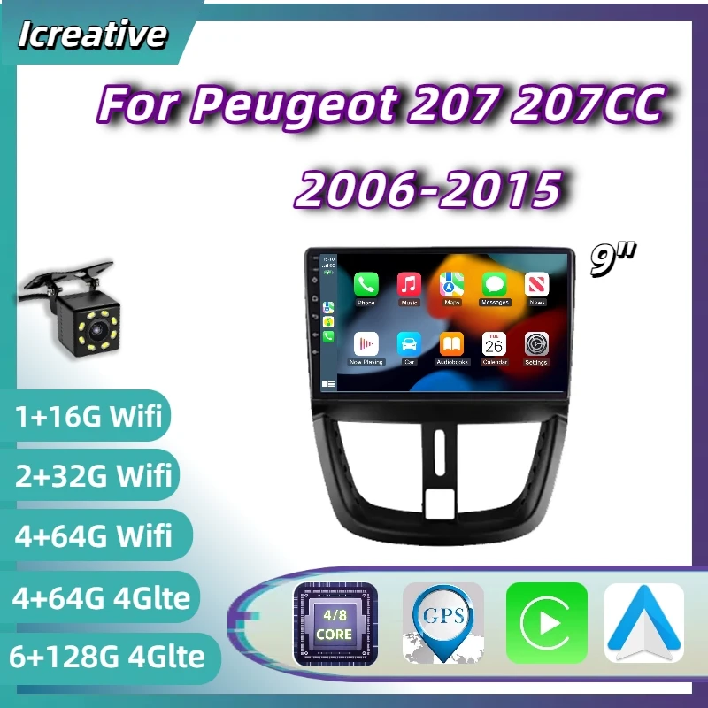 Radio Android 2DIN de 9 pulgadas con CarPlay para Peugeot 207 y 207 CC