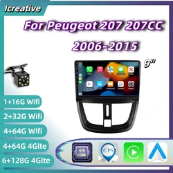 Radio Android 2DIN de 9 pulgadas con CarPlay para Peugeot 207 y 207 CC