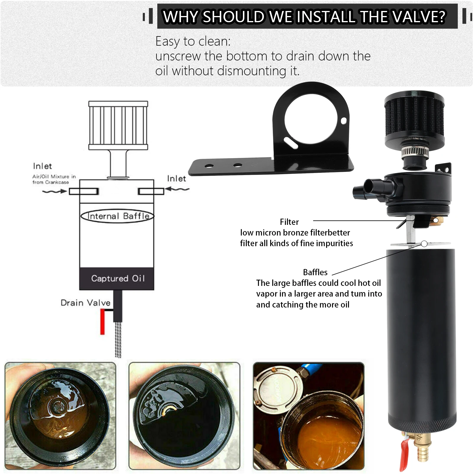 Lata captura de aceite 750ML 2 puertos filtro válvula – Universal - imagen 5