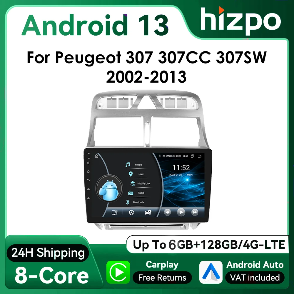 Autoradio Android Auto Hizpo con Apple CarPlay para Peugeot 307