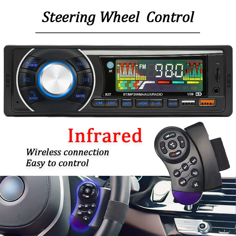 Hippcron Radio de coche 1din Audio Bluetooth reproductor de MP3 estéreo receptor FM 12V soporte de carga de teléfono AUX/USB/tarjeta TF en Kit de tablero - imagen 5