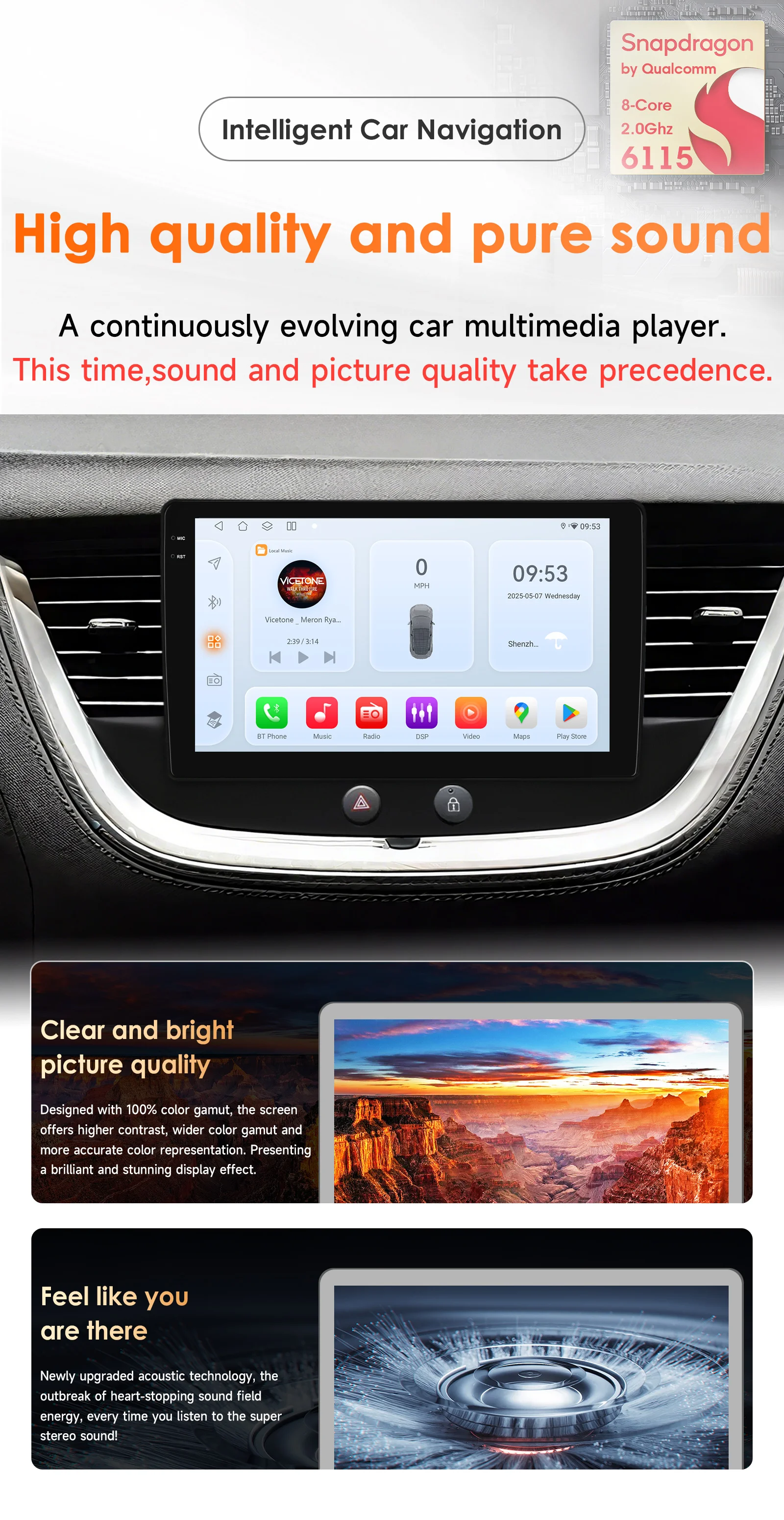 Radio de coche con pantalla y menús