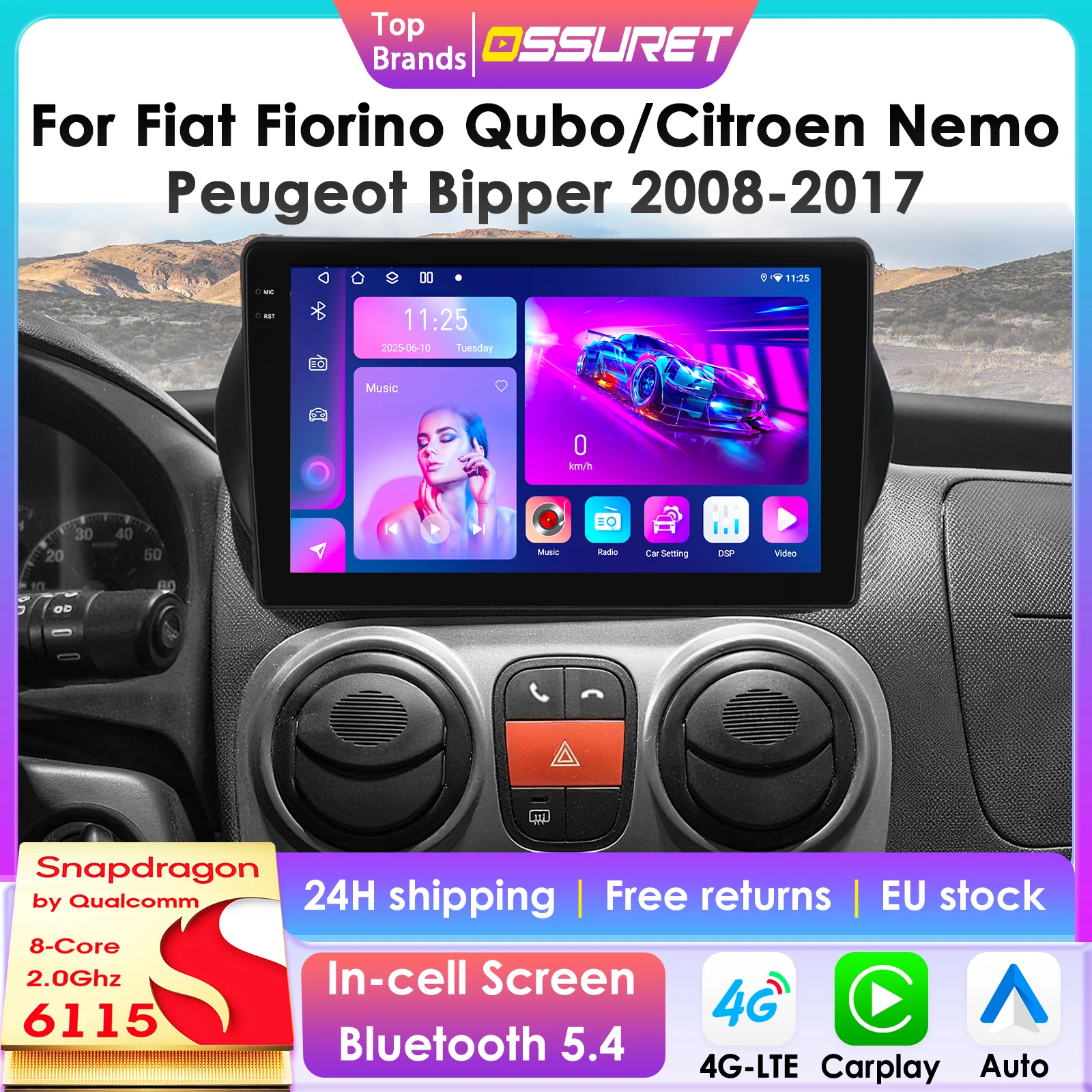 Qualcomm 8Core Radio de coche para Fiat Fiorino Qubo para Citroen Nemo para Peugeot Bipper inalámbrico CarPlay Android Auto 4G BT GPS DSP