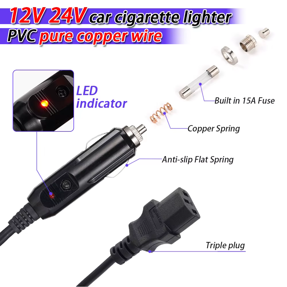 Cable de alimentación Universal, enchufe de 3 pines con encendedor de cigarrillos, enchufe macho para olla instantánea de coche, ollas a presión eléctricas, arroceras - imagen 5