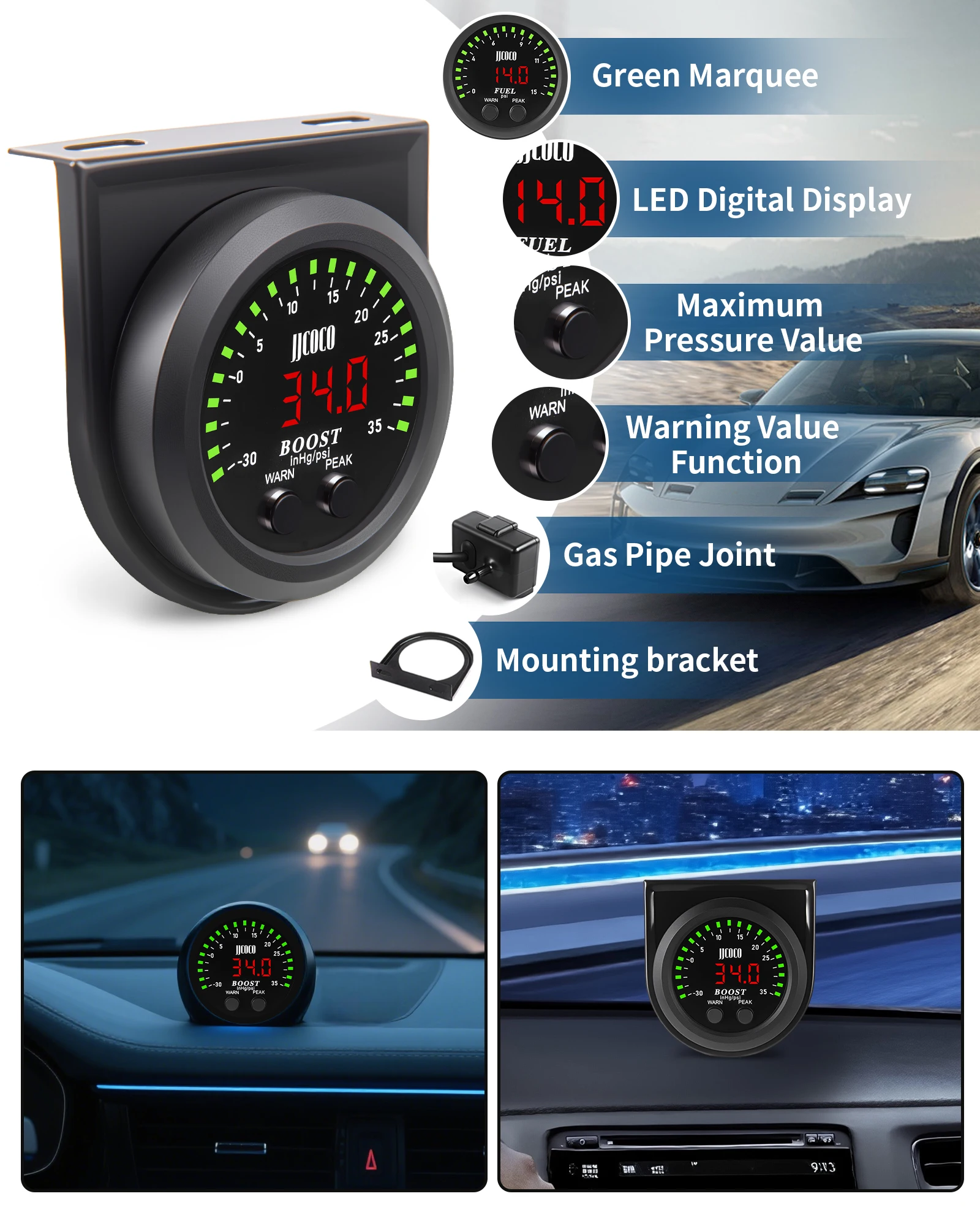 JJCOCO 52MM 2 ''Serie S medidor de refuerzo-30 ~ 35 PSI redondo ultrafino con pantalla LED de luz roja medidor de vacío Turbo Boost - imagen 4