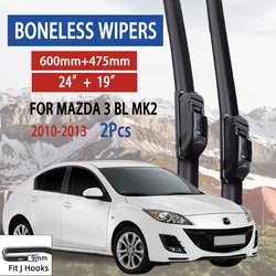 Limpiaparabrisas para coche Mazda 3 BL MK2 2010-2013, limpiaparabrisas tipo U de goma suave, sin deshuesado, HD, silencioso, duradero, automotriz, 24 "+ 19"