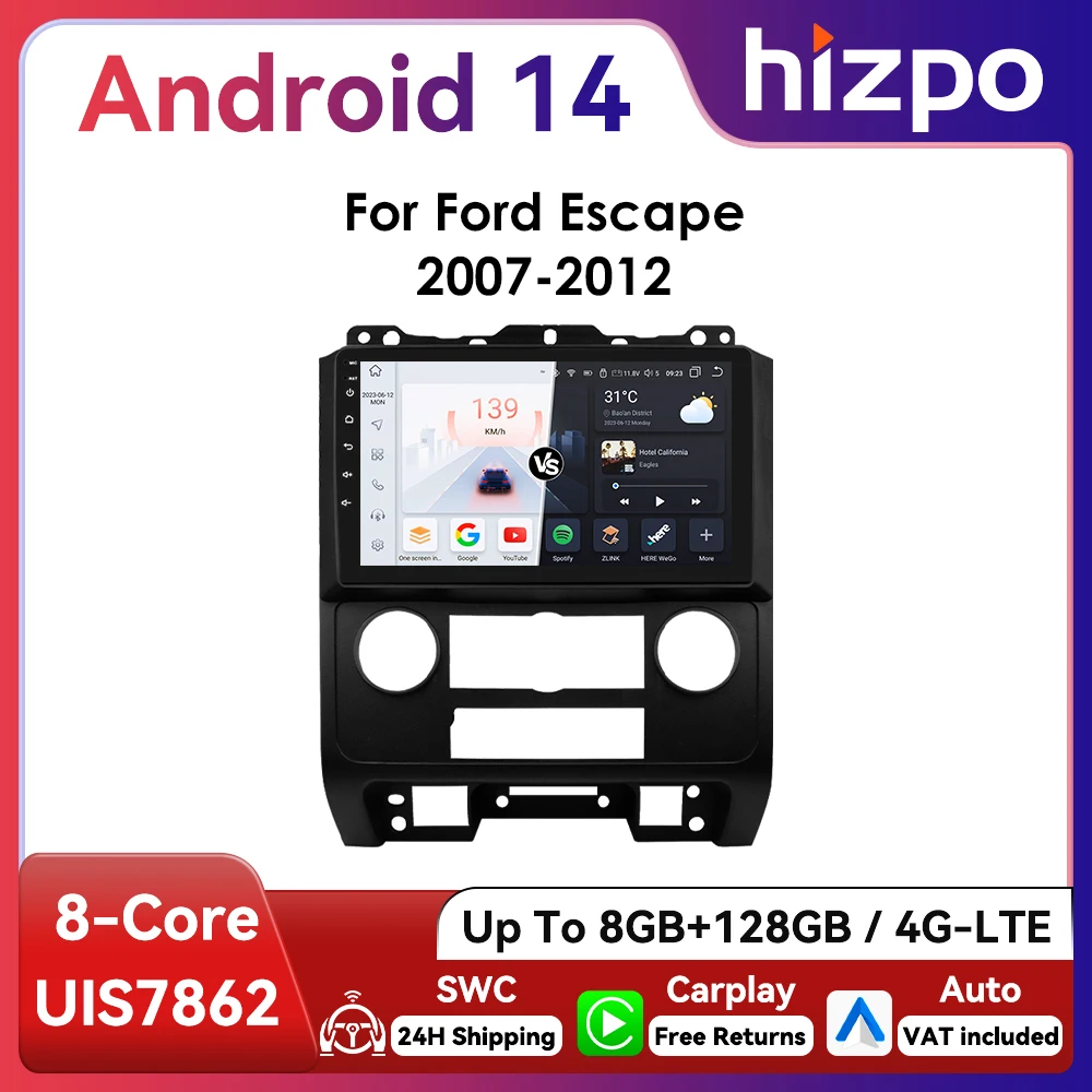 HIZPO-Radio con GPS para coche, reproductor Multimedia con Android, 2DIN, 9 pulgadas, 4G, BT, CarPlay, RDS, DSP, SWC, WiFi, para Ford Escape 2007 - 2012