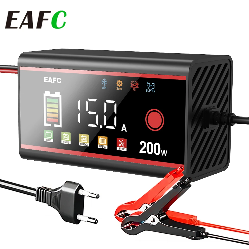 EAFC-cargador de batería inteligente para coche, 12V, 15A, 8A, 200W/100W, pantalla LED grande, uso de pulso de batería para calcio, GEL, AGM, húmedo, EFB, LIFEPO4