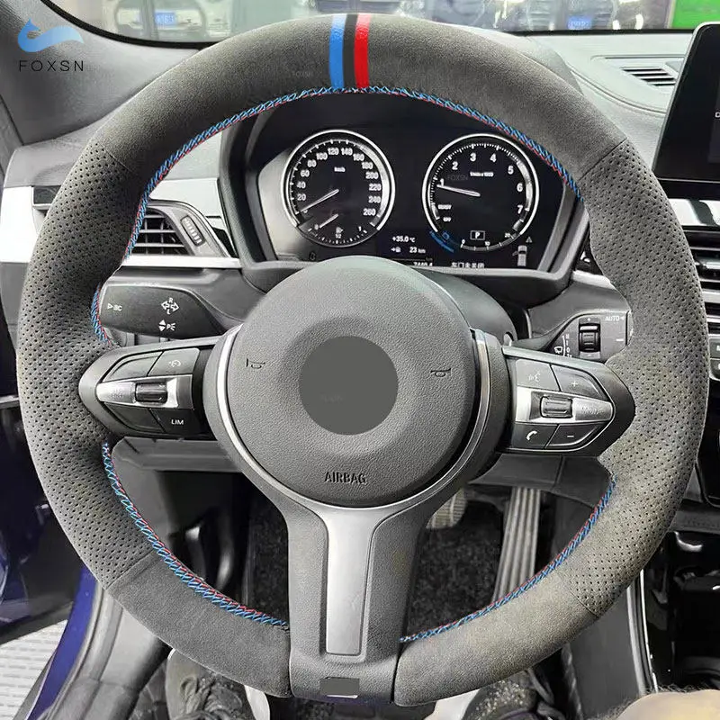 Funda de volante BMW M Sport de ante con franjas rojas y azules