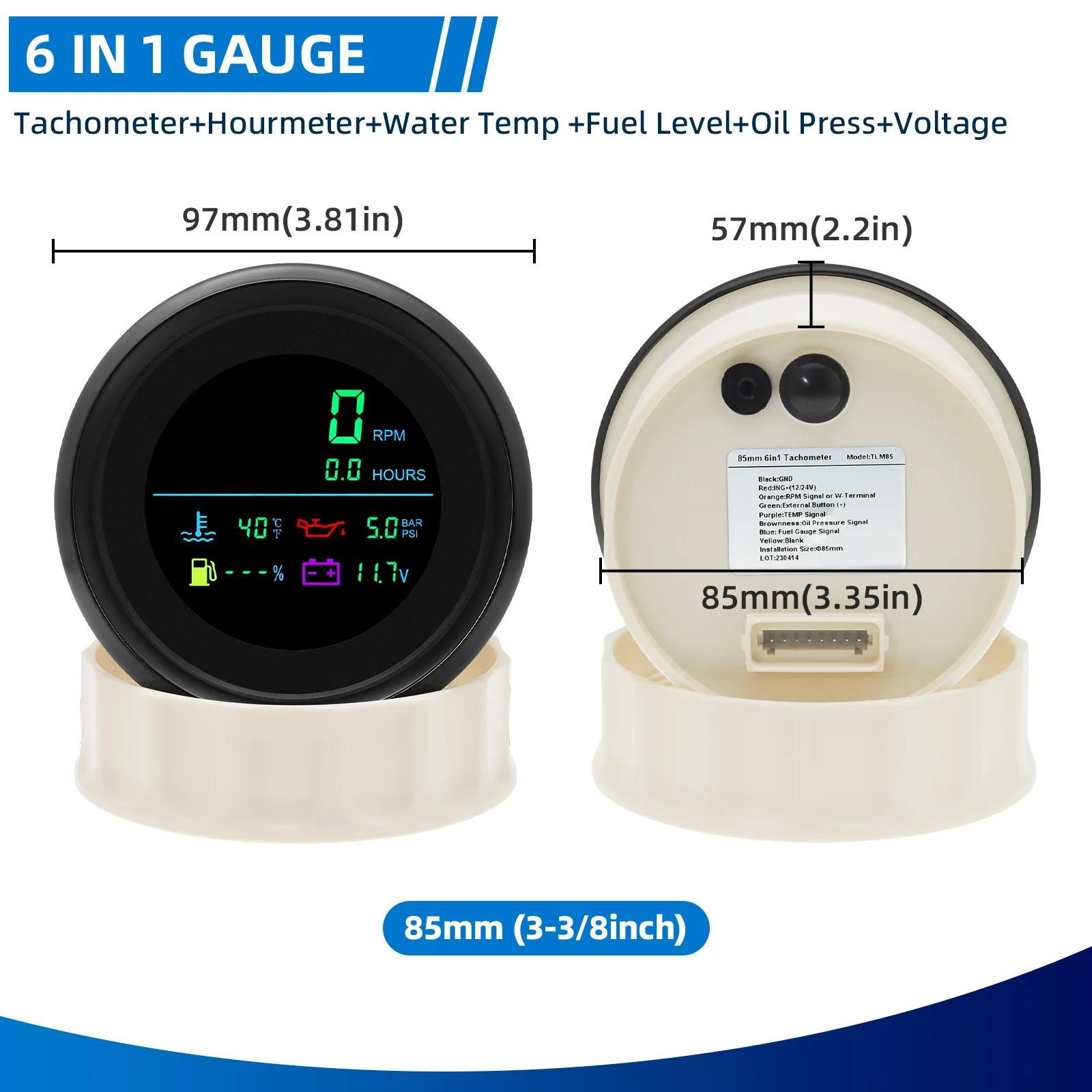 Tacómetro multifunción LCD 85 mm con RPM, temperatura y presión aceite - imagen 3