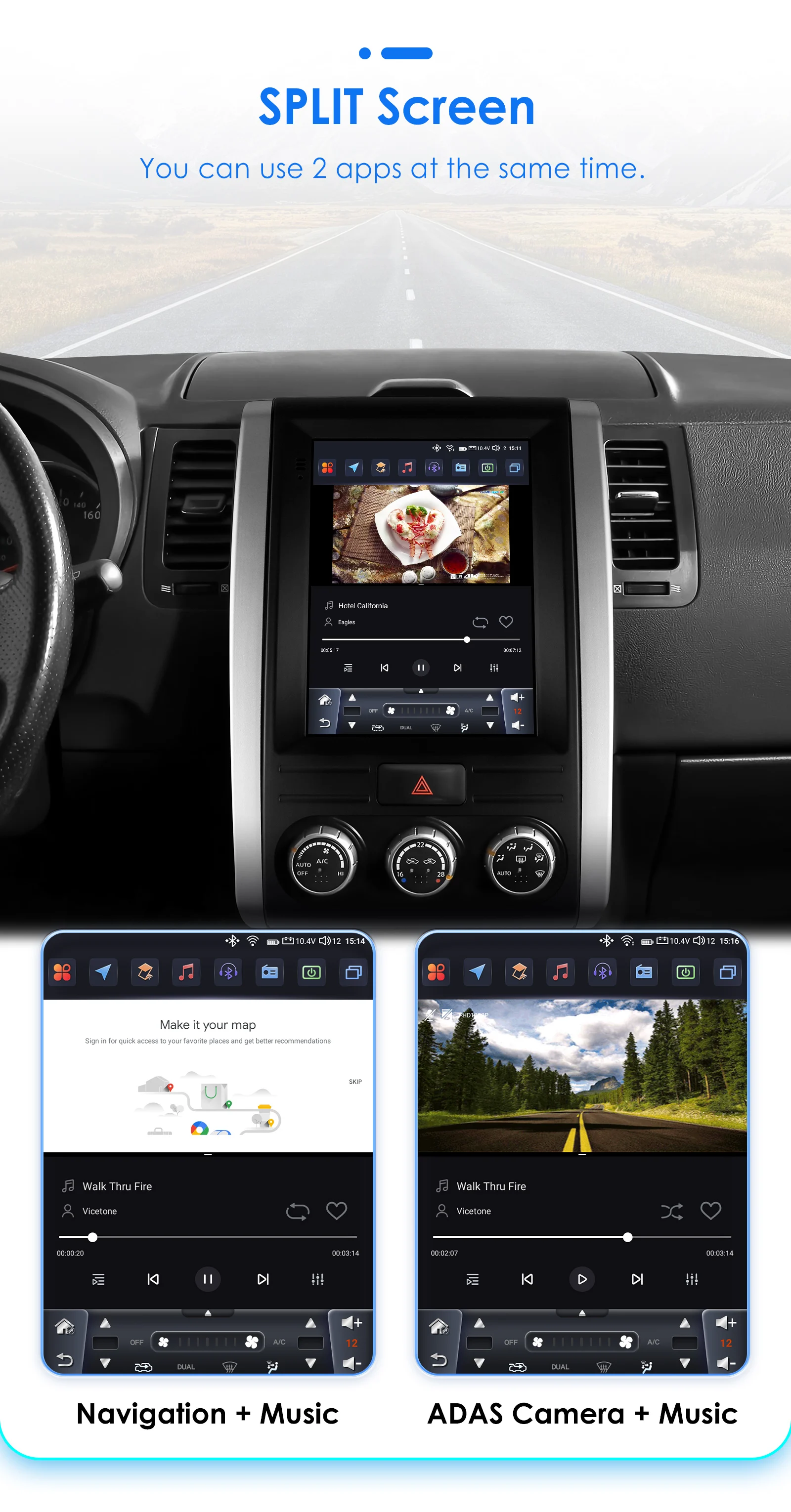 Función de pantalla dividida ejecutando navegación y música