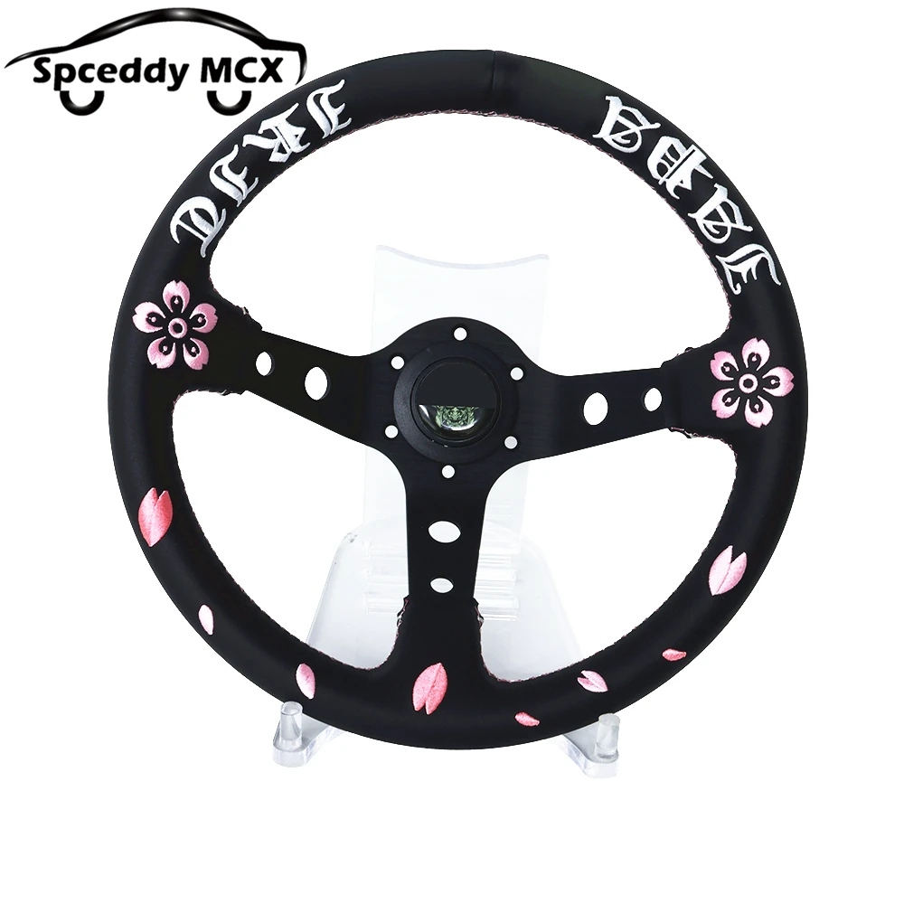 Volante JDM cuero real plato profundo bordado flor de cerezo - imagen 2