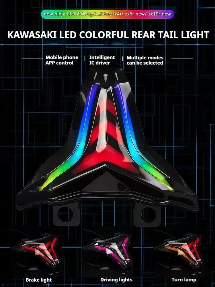 Luz trasera LED Universal con Bluetooth, intermitentes con modos multicolores, resistente al agua para Kawasaki Ninja 400/250 ZX4R/4RR ZX6R Z1000