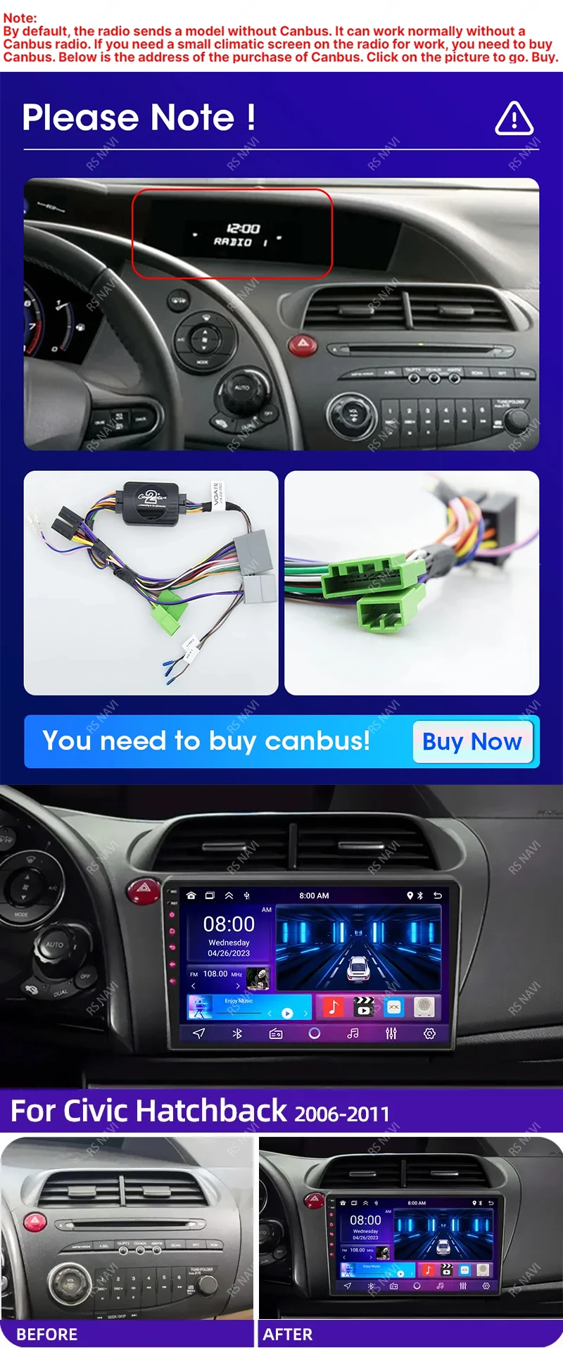 Radio multimedia Android 15 RSNAVI para Honda Civic Hatchback