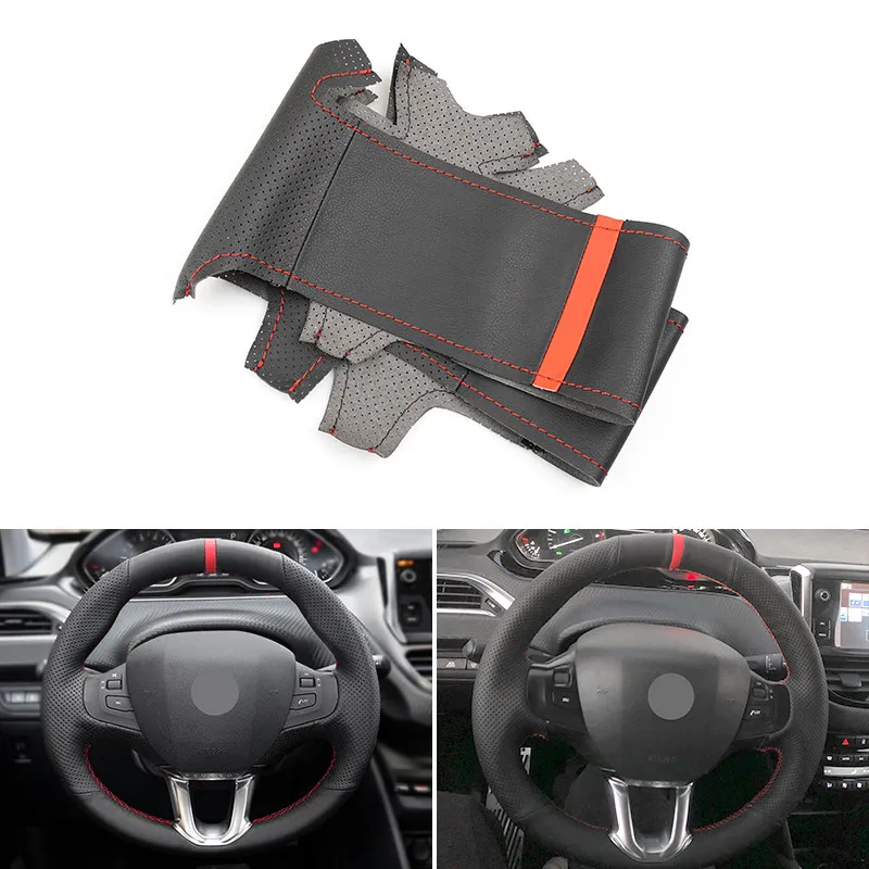 Funda de volante perforada con línea roja para Peugeot 208