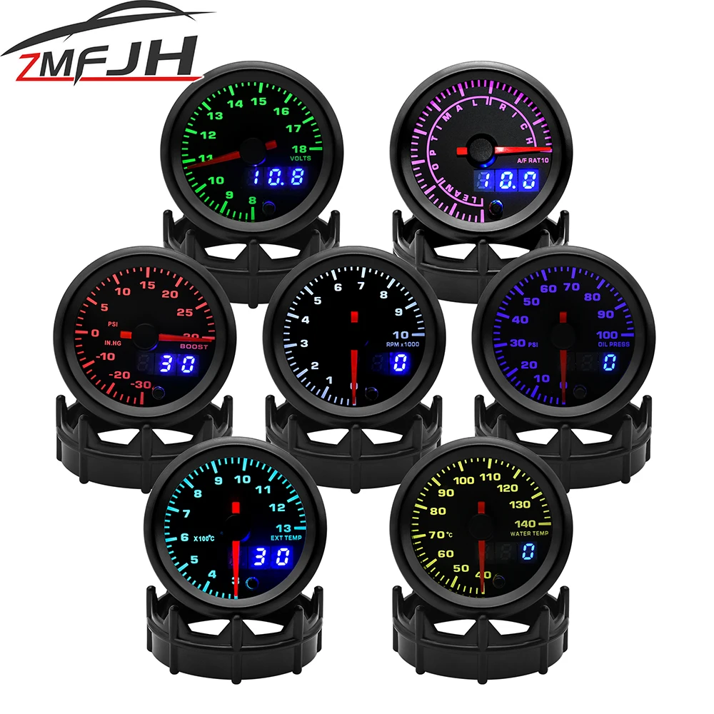 Tacómetro RPM de presión de aceite y temperatura del agua para coche, 52mm, voltaje, relación aire-combustible, indicador de temperatura EXT para medidor de coche de 12V, retroiluminación de 7 colores