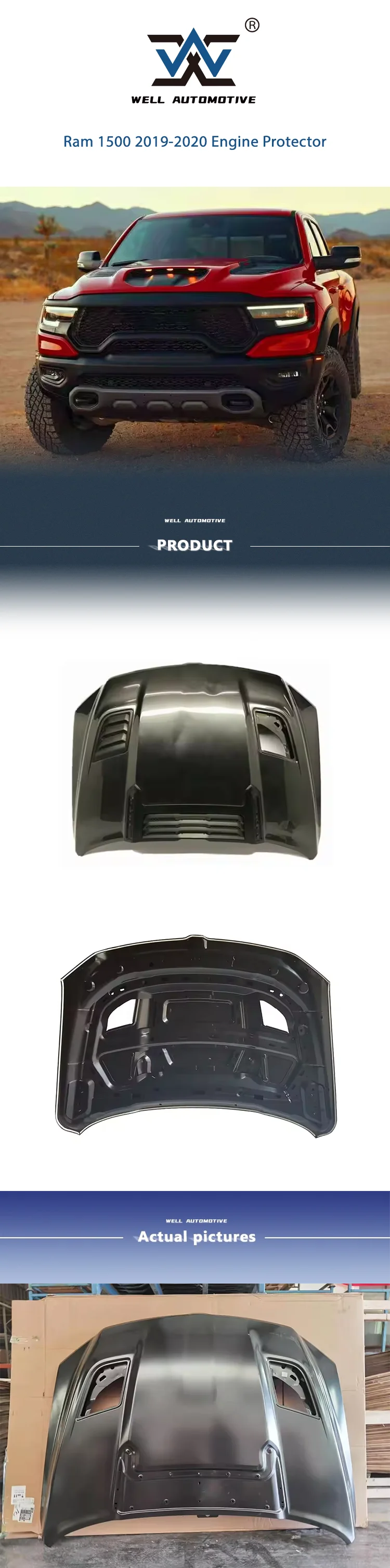 Capó delantero estilo Rebel negro para Ram 1500 2019-2020