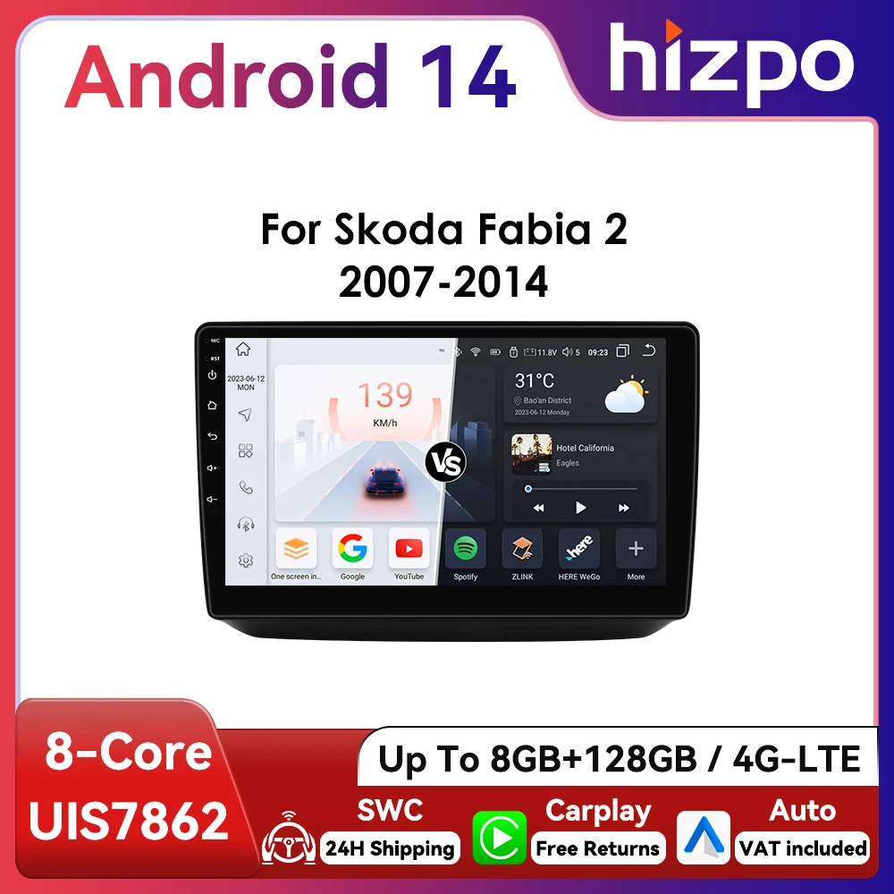 Autoradio Android 2DIN Hizpo GPS Bluetooth CarPlay – Skoda Fabia II 2007-2014