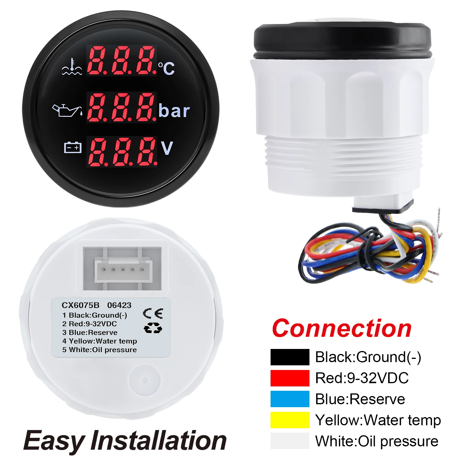 Medidor de temperatura del agua para coche y barco 3 en 1, medidor de presión de aceite + voltímetro, retroiluminación roja con sensor de temperatura del agua y presión de aceite - imagen 5