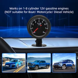 Tacómetro con retroiluminación blanca de 2 ", 52mm, RPM, tacómetro para coche, medidor de 0-8000RPM, caja negra, tacómetro para 1-8 cilindros de gasolina