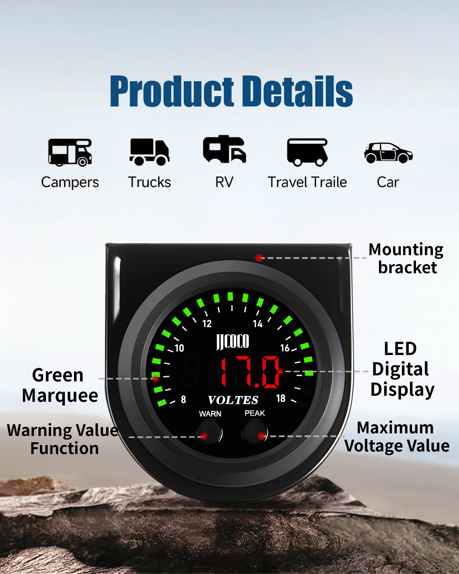 Voltímetro JJCOCO 52mm LED rojo - medidor voltaje batería coche - imagen 5
