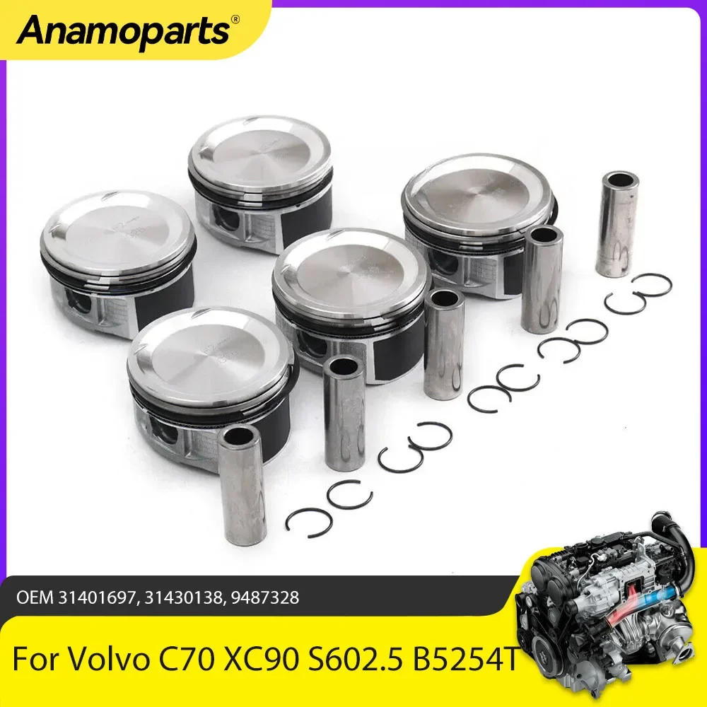 5x pistones de motor con juego de anillos aptos para 2,5 L T B5254T L5 Gas para Volvo S40 S60 S80 C30 C70 XC90 2.5T T5 30731508   STD Oversize 0,5