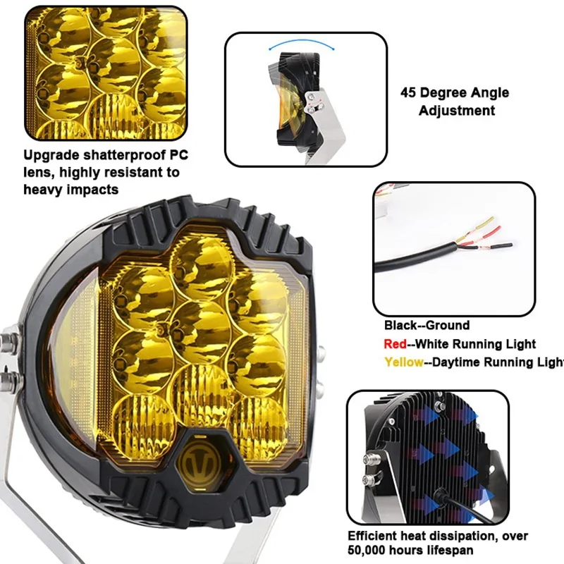 Luz de trabajo LED tres caras 7 pulgadas - faro todoterreno amarillo - imagen 3