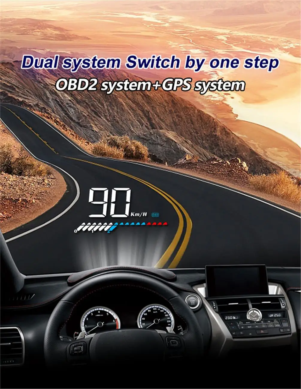 HUD de coche con información de velocidad y parámetros del motor