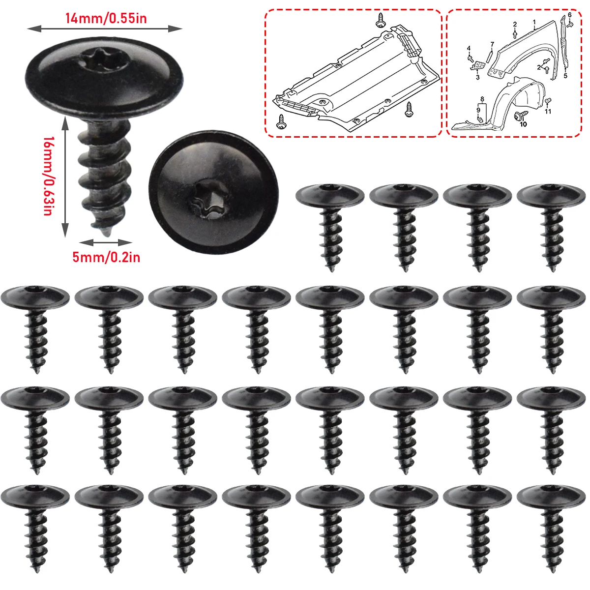30 Uds. Tornillo Torx negro de 5mm para motor de coche, protector contra salpicaduras, tornillos autorroscantes para Audi A4 A3 A5 A6 A7 A8 Q5 VW Golf Passat