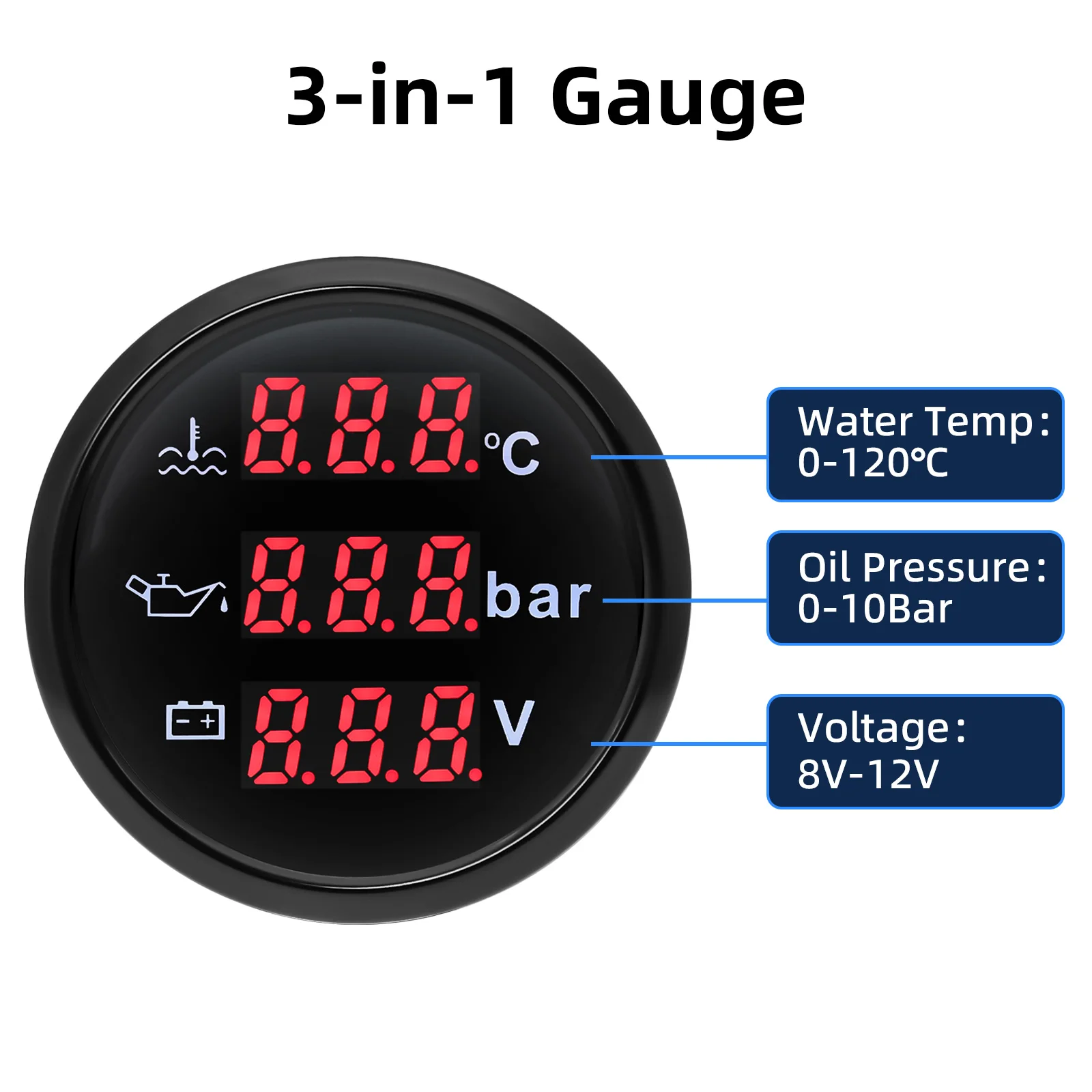 Tacómetro multifunción 52mm: presión aceite, combustible y voltaje LED - imagen 5